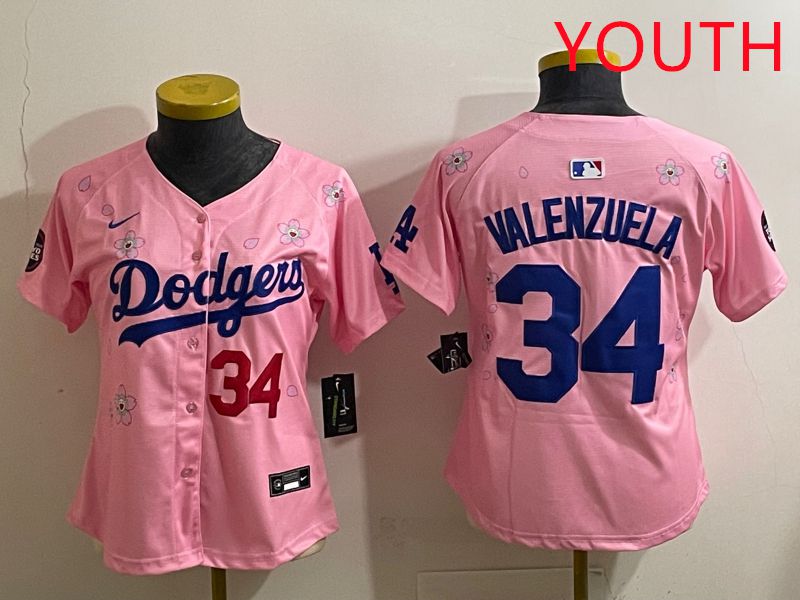 Youth Los Angeles Dodgers #34 Valenzuela Pink Sakura Edition 2025 Nike MLB Jersey style 34->youth mlb jersey->Youth Jersey